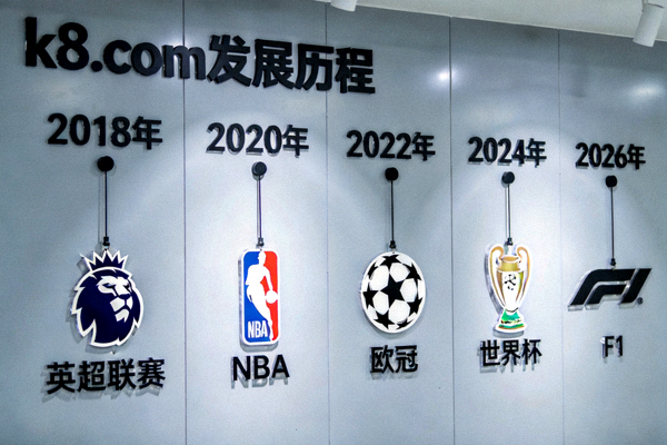 k8.com发展历程展示墙，墙上挂着历年合作的联赛标志