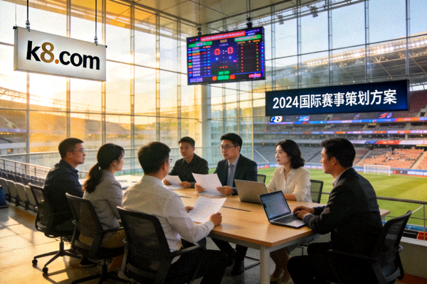 k8.com公司团队在现代化体育场馆内讨论赛事策划
